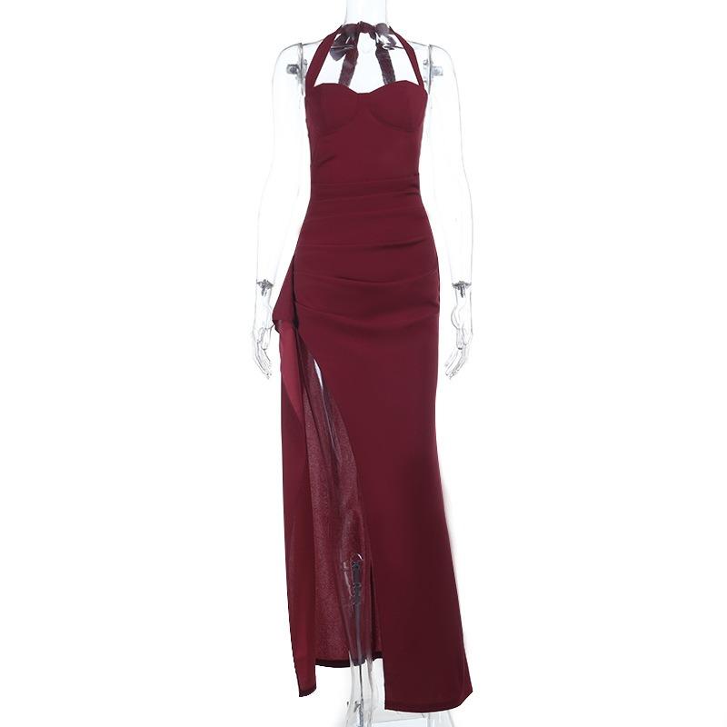 Women S European American Style Halter Strappy Solid Color Slit Long A Line Dress