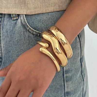 Ingemark 3 Styles Cretive Smooth Metal Wide Bangles for Women Men Goth Irregular Gold Color Arm Bracelets Daily Party Jewelry