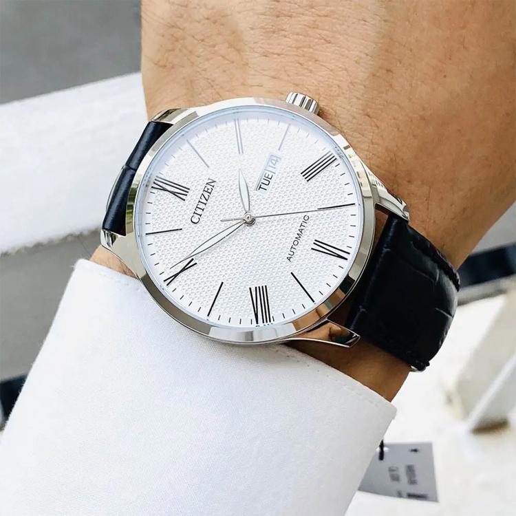 Citizen Klasyczny mechanizm mechaniczny Pasek ze skóry bydlęcej Zegarek Męskie Zegarki Biała Tarcza NH8350-08A