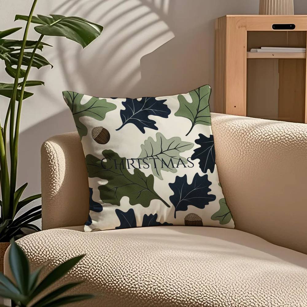 Winter Christmas Pine Leaf Pillow Case Comfort Sofa Bed Silky Elegant Invisible Zipper Custom Decorative Cushion Cover
