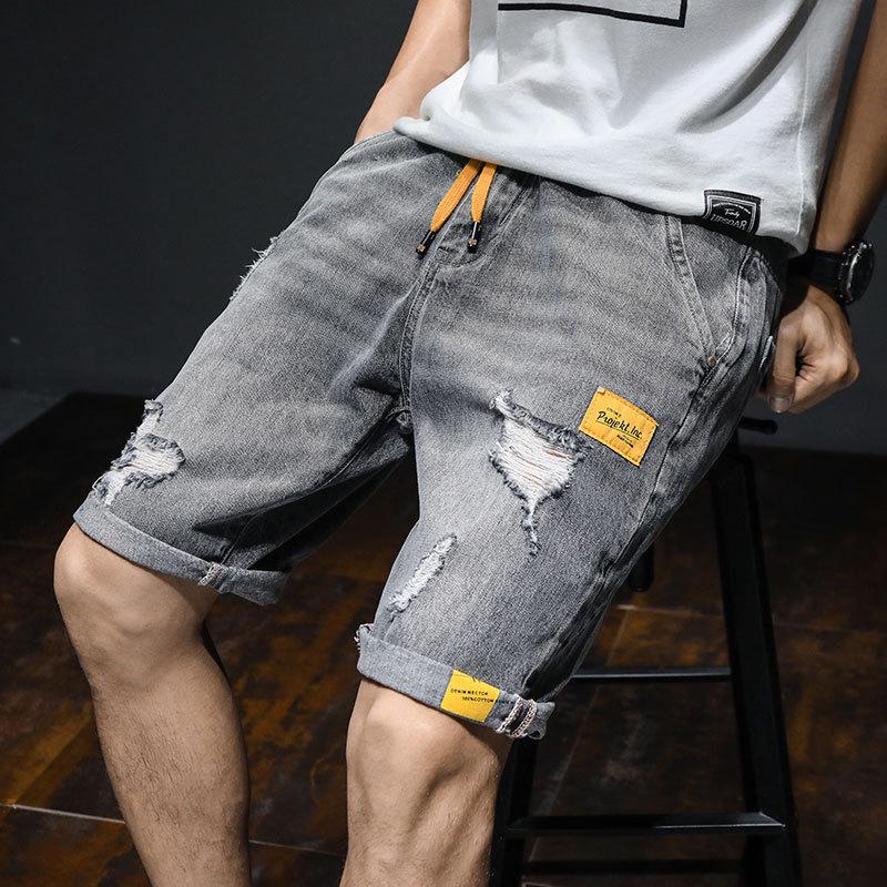 Men's Summer Korean-Style Ripped Denim Shorts - Thin, Loose, Straight, Casual Mid-Length Trendy Workwear.