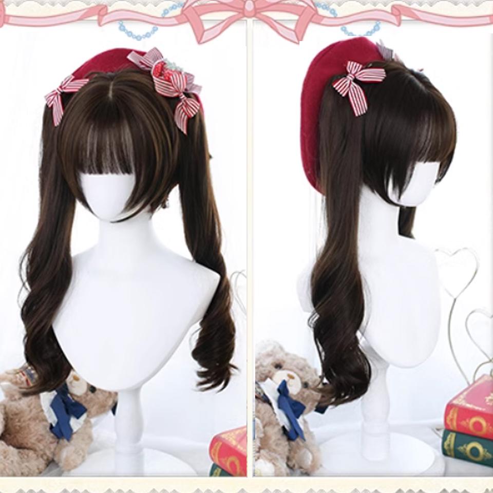 WTB Curly Hair Double Ponytail Synthetic Wig Female Cute Daily Lolita Cartoon Straight Bangs Double Ponytail Long Curly Hair