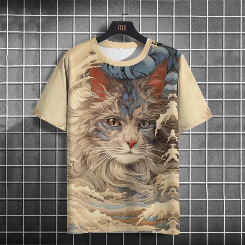 Women's Summer Casual Loose Plus Size 3D Cat Print Round Neck Short Sleeved T-shirt Top S- 6XL