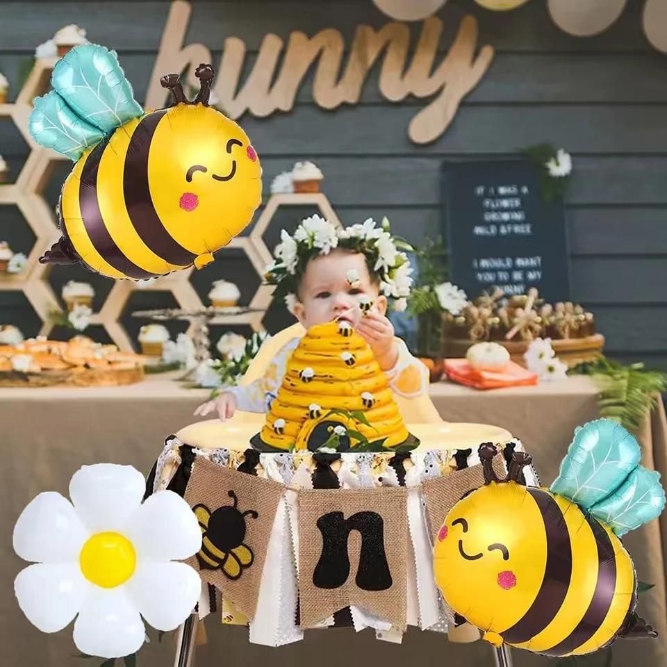 Large Bee White daisy flower foil balloon for children's birthday graduation Mother's Day party decoration Plumeria Helium Ball