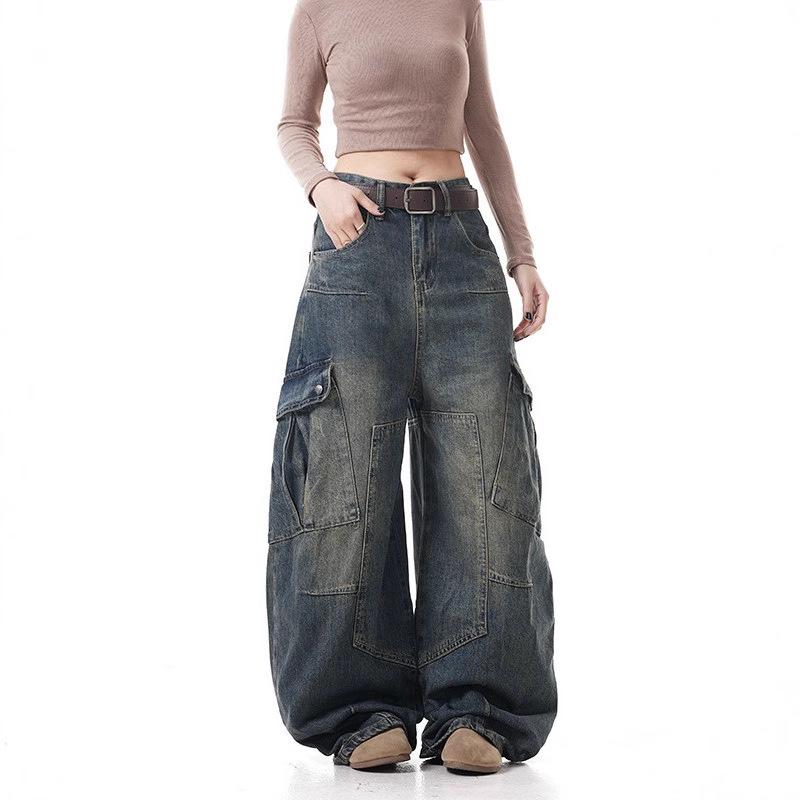 Vintage Washed Distressed Scimitar Jeans 2025: Men's & Women's Loose Wide Leg Work Pants with Multi-Pockets