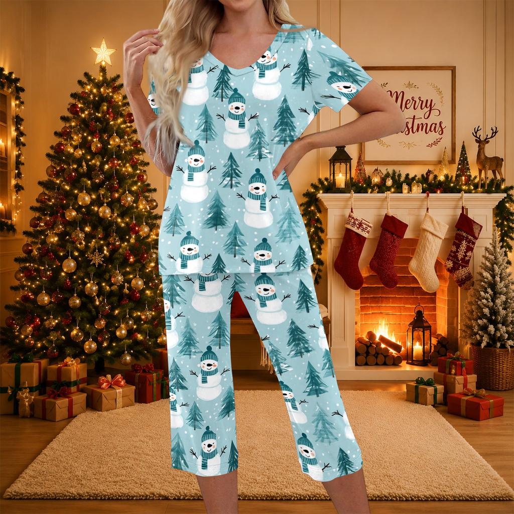 Women's Two-Piece Outfit Set with Christmas Print Short Sleeve Top and Pants