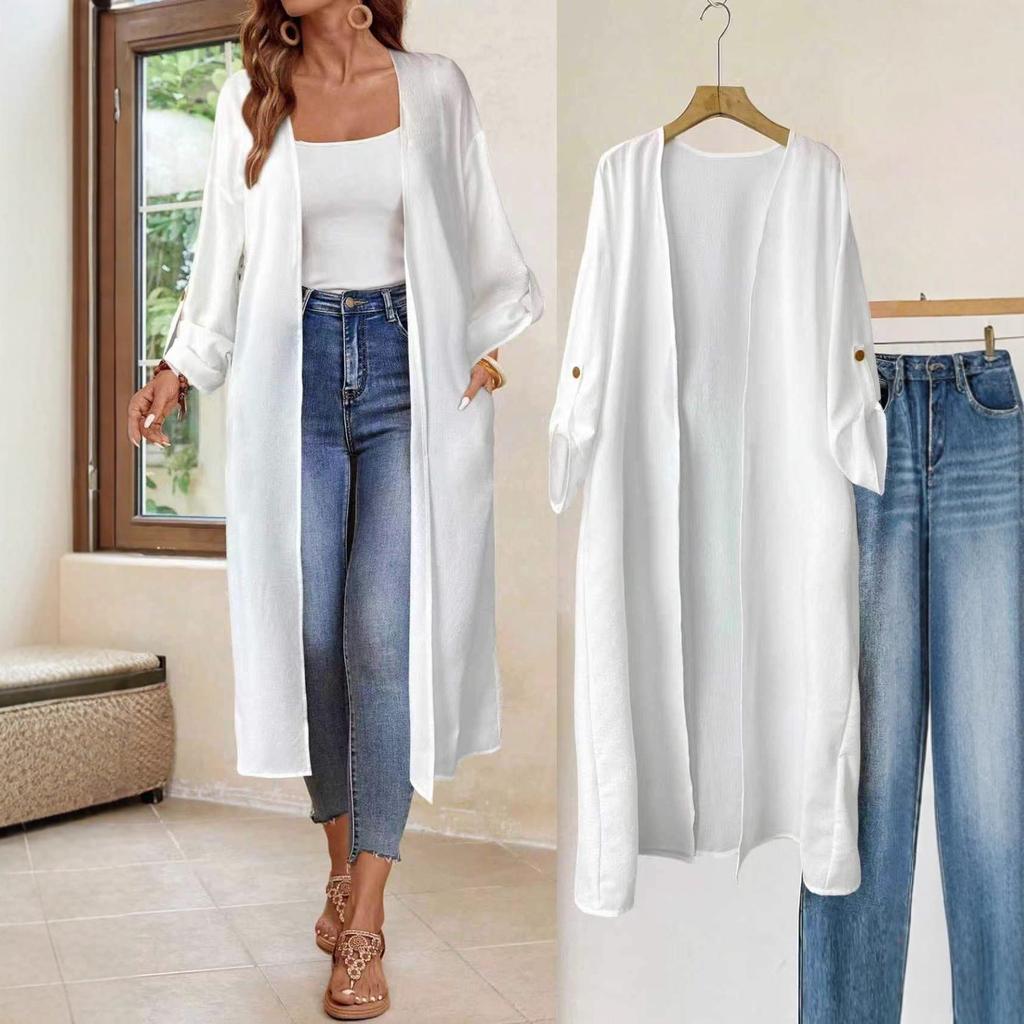 Dlouhý kardigan pro ženy, Ležérní a lehký svrchní oděv s nastavitelnými manžetami, Jednobarevný kabát a větrovka