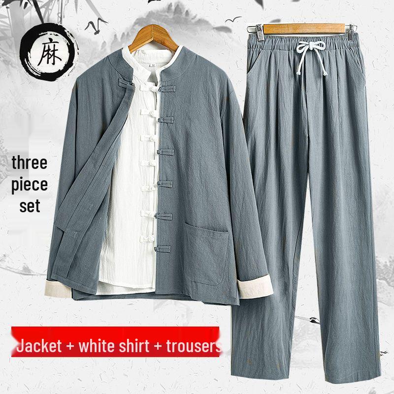 Men's Tang Suit Cotton & Linen Hanfu: Traditional Chinese Costume for Meditation & Tea Ceremonies (Spring-Summer-Fall)