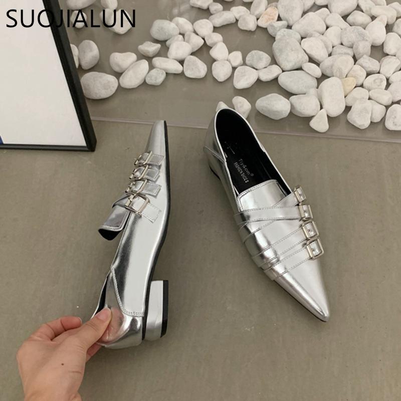Fashion SUOJIALUN 2025 Autumn Ladies Women Flat Shoes Fashion Brand Buckle Women Elegant Laofer Shoes Flat Heel Slip On Dress Ballerinas