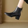 Handmade Cowhide British Style Chelsea Short Boots Women's Rear Zipper Autumn and Winter New Retro Small Square Head Thick Heel Martin Boots