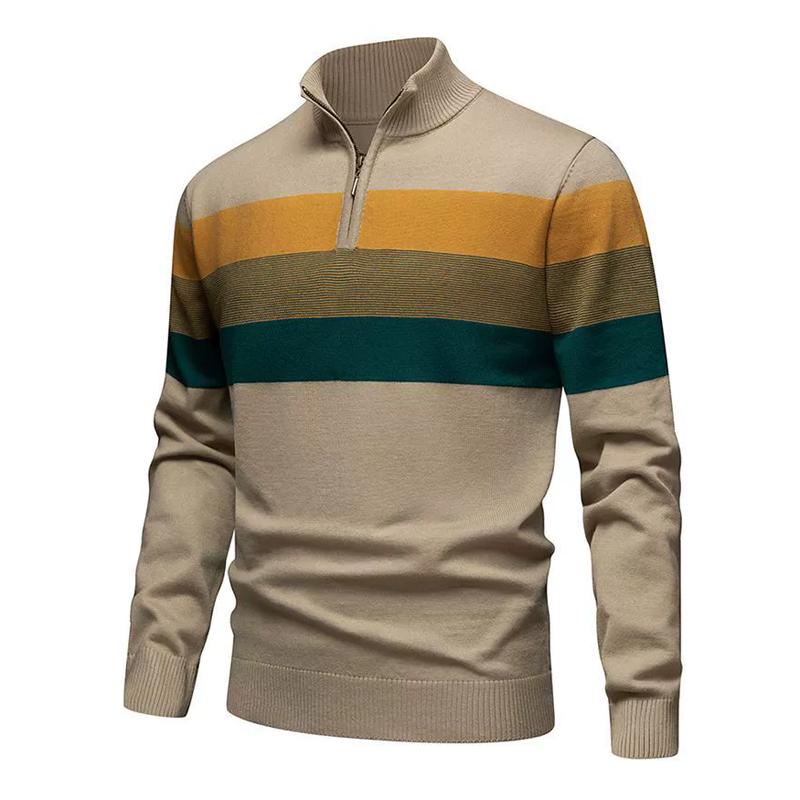 Autumn Winter Knitted Sweater Men Half Zipper Striped Pullovers Stand Collar Knit Casual Sweater Man