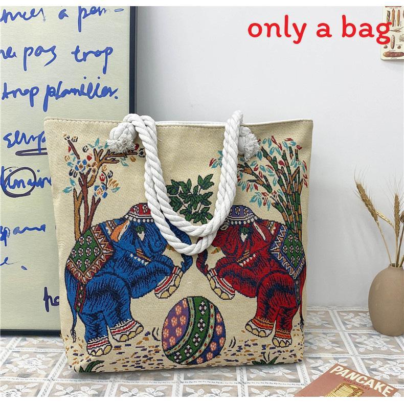 Ethnic Style Elephant Embroidered Canvas Shoulder Bag With Cotton Rope Strap For Casual Travel