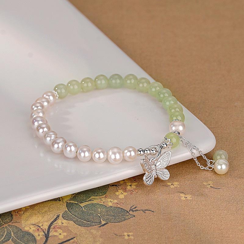 2025 High-End Natural Freshwater Pearl & Hetian Jade Butterfly Bracelet with Sterling Silver Tassel - Versatile Gift