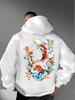 Ukiyo-e Style Auspicious Twin Koi Floral Wave Back Pattern Men Hip Hop Sports Hoodie Long Sleeve Loose Athletic Pullover