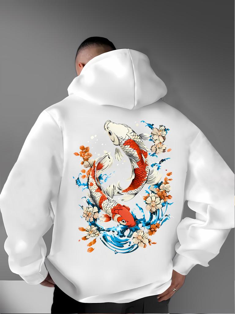 Ukiyo-e Style Auspicious Twin Koi Floral Wave Back Pattern Men Hip Hop Sports Hoodie Long Sleeve Loose Athletic Pullover