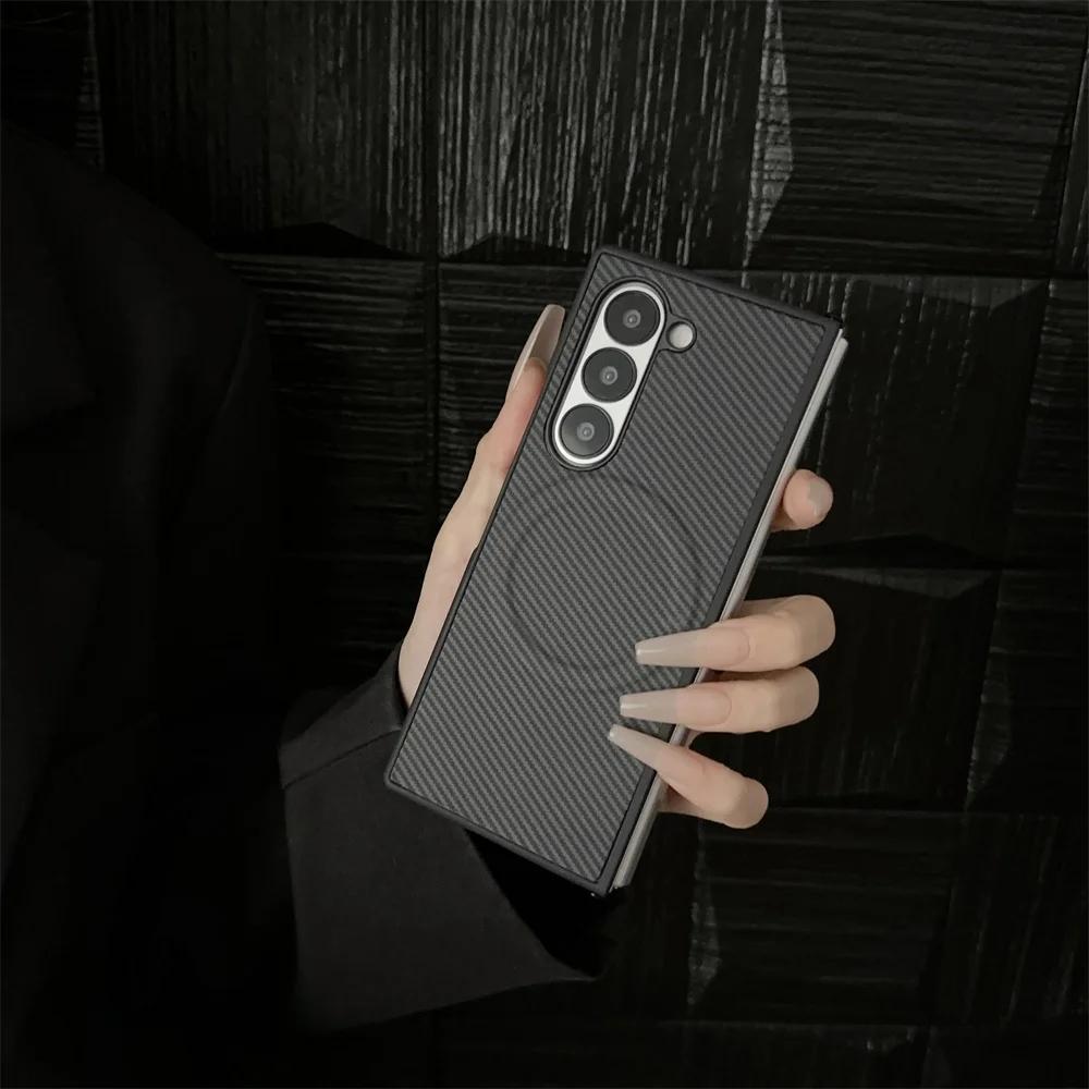 Carbon Fiber Pattern PU Leather Magnetic Phone Case For Samsung Galaxy Z Fold 6 5 4 3 Fold6 Fold5 Fold4 Fold3 5G Hard Back Cover