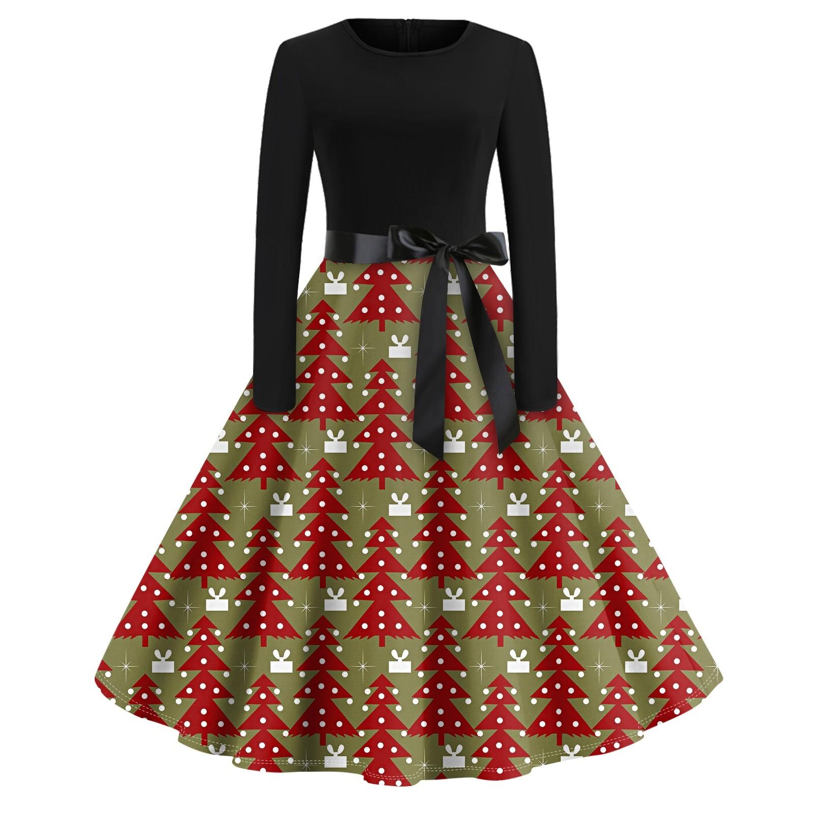 

Рождественское платье с расклешенным принтом для женщин, платье с круглым вырезом и длинными рукавами, повседневные платья M красный