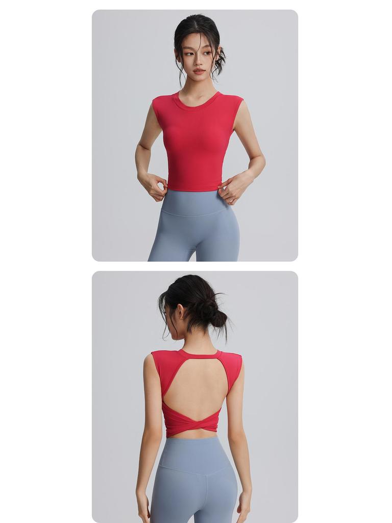 Women's Short Sleeve Backless Sports Top with Bra Pads - Quick Dry, Beautiful Back, Ideal for Pilates & Yoga.