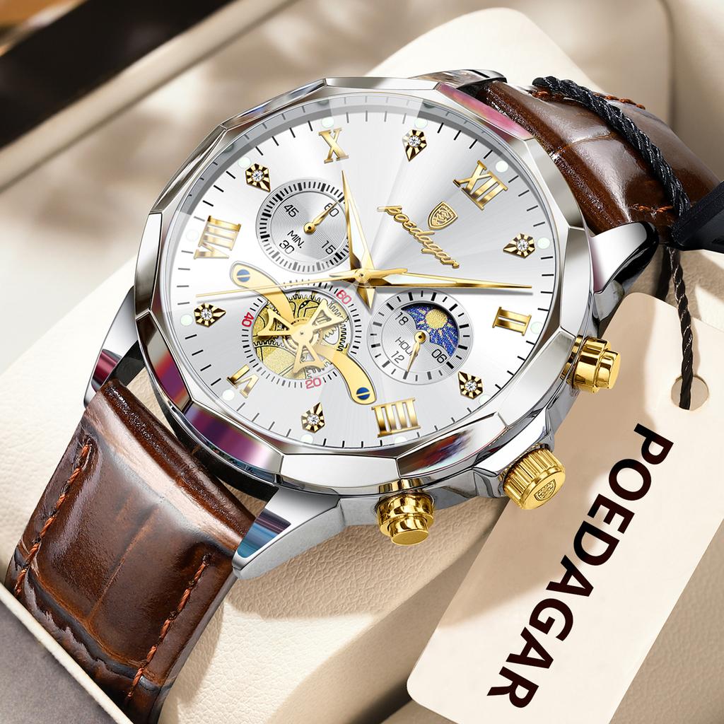 Luxury Men Wristwatch Quartz Waterproof Luminous Moon Phase Chronograph Leather Man Watch Male Reloj