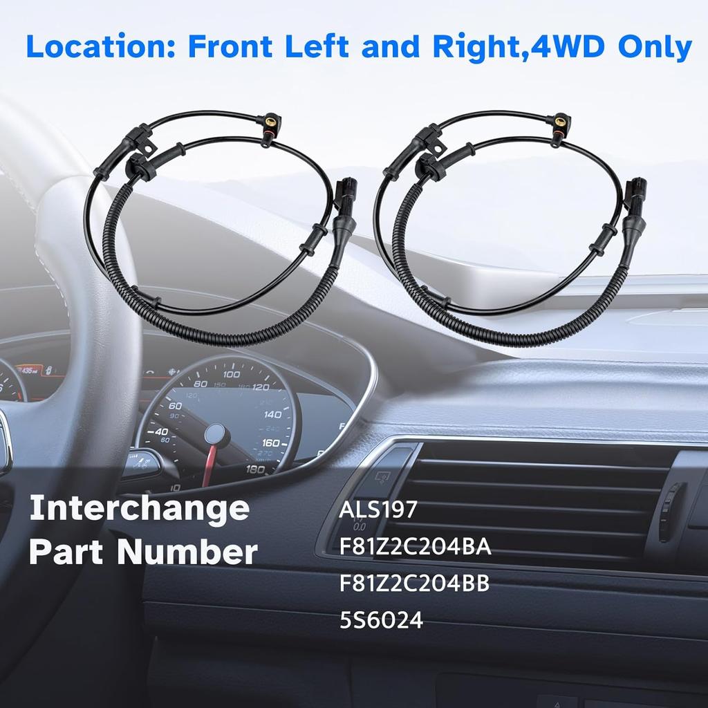 Front ABS Wheel Speed Sensor Left Right Fit For 4WD 1999 2000 2001 2002 2003 2004 Ford F250 F350 F450 F550 Super Duty Truck, Ford Excursion, Driver