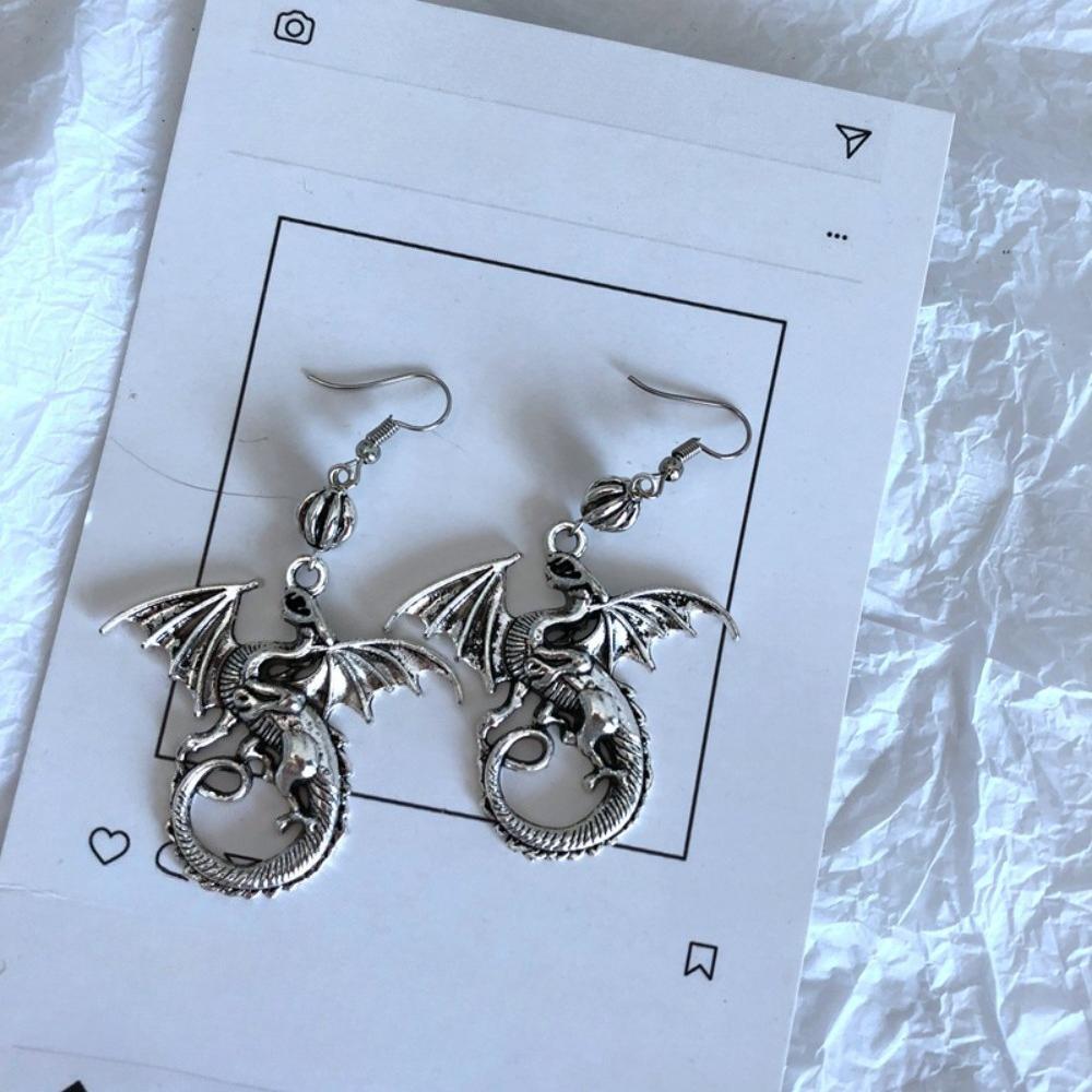Gothic Punk Silver Color Lifelike Flying Dragon Pendant Dangle Earrings for Women Men Hallowmas Party Personality Jewelry Gifts