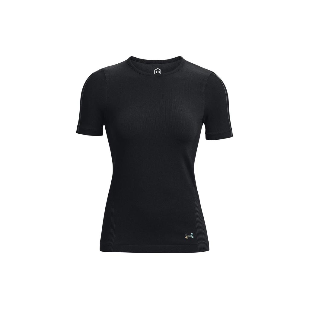 Under Armour Rush Series Solid Color Logo Embroidery Round Neck Short Sleeve T-shirt Women Tops Black 1373929-001