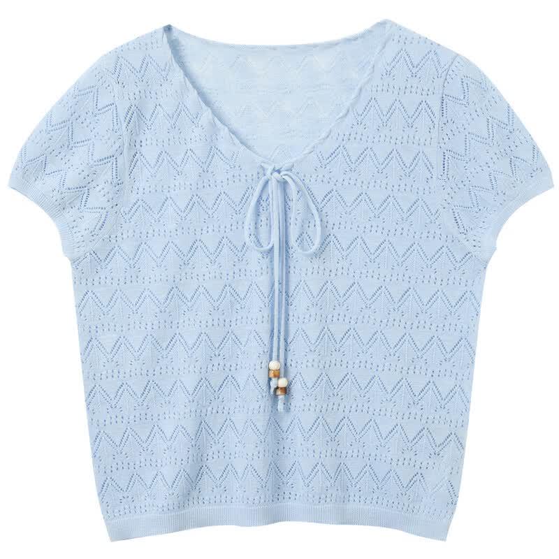Sancai 2026 Summer V-Neck Hollow Knit Short-Sleeve Pullover
