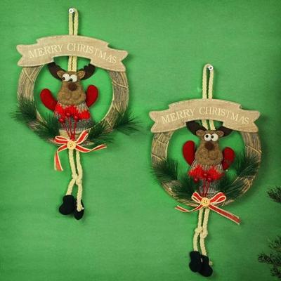 Pack of 2 Christmas Wreath Artificial Pine Rings Reindeer for Front Door Xmas Tree Wall Hanging Ornaments Accessories Items for Home Office