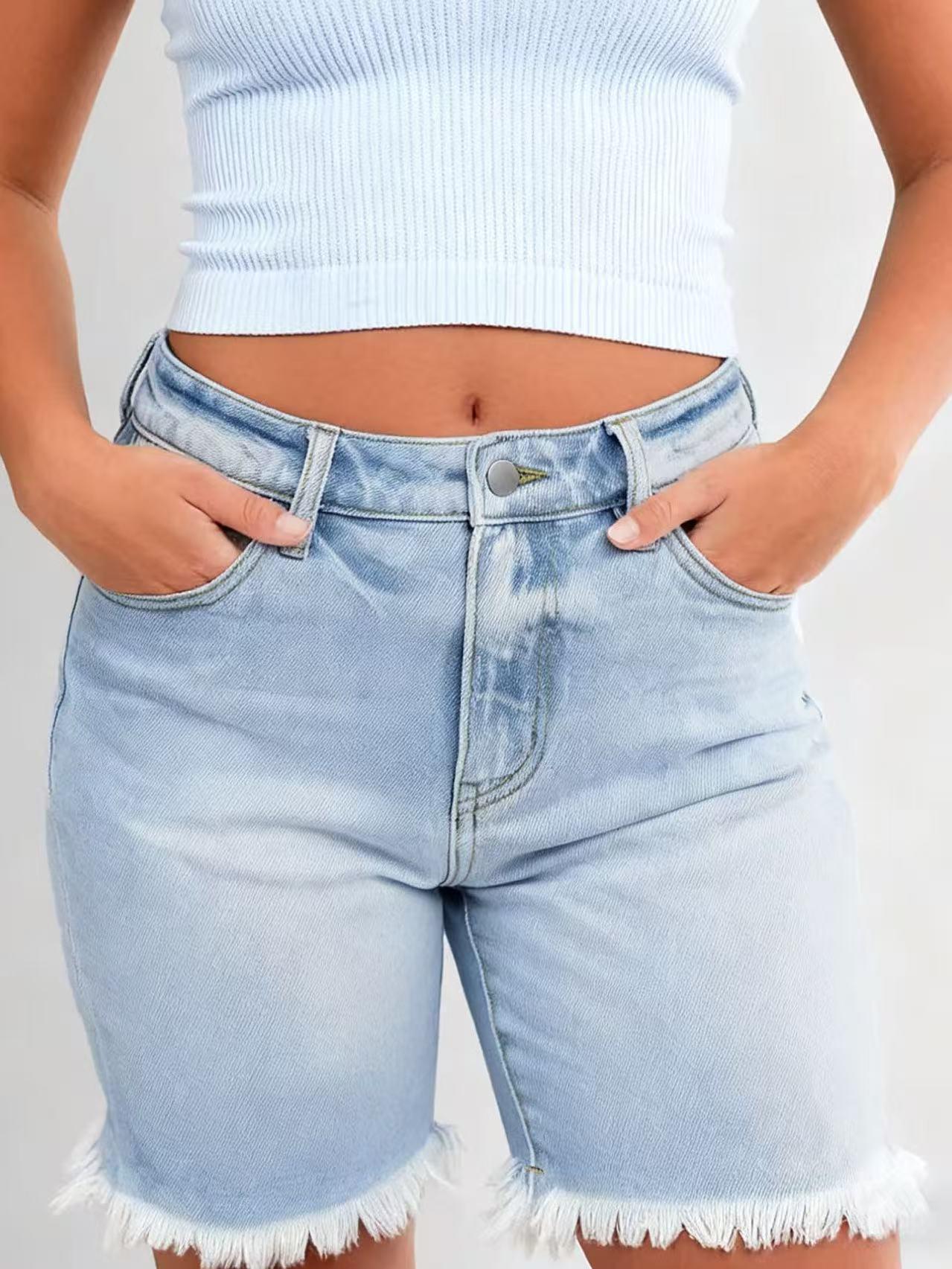 European & American Women s Distressed Hem Casual Denim Shorts - Comfy Fashion Loose Fit XL небесно-голубой