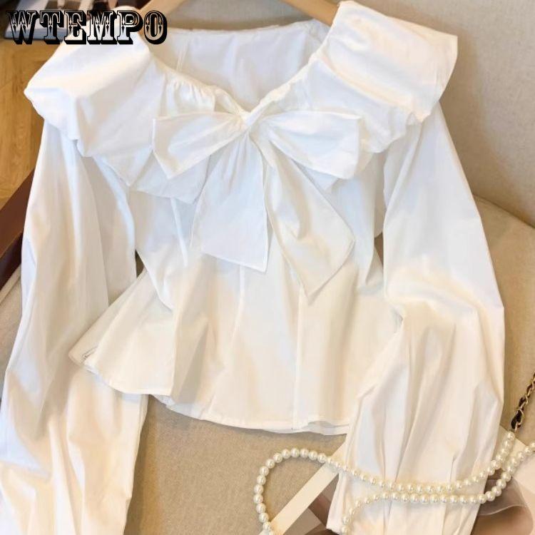 Casual Korean Style Women's Shirt Early Spring Style Ruffle Collar Temperament White Shirt Bow Top