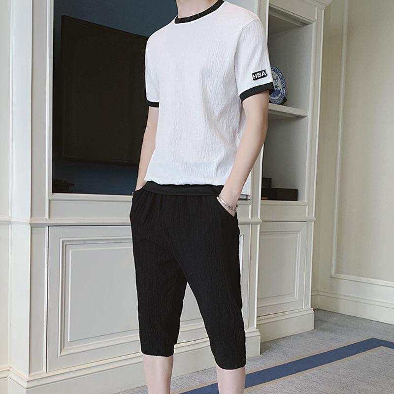 Ice Silk Suit Men's Summer Loose Large Casual Sports Suit Men's Short Sleeve+ Capris Two-piece Set