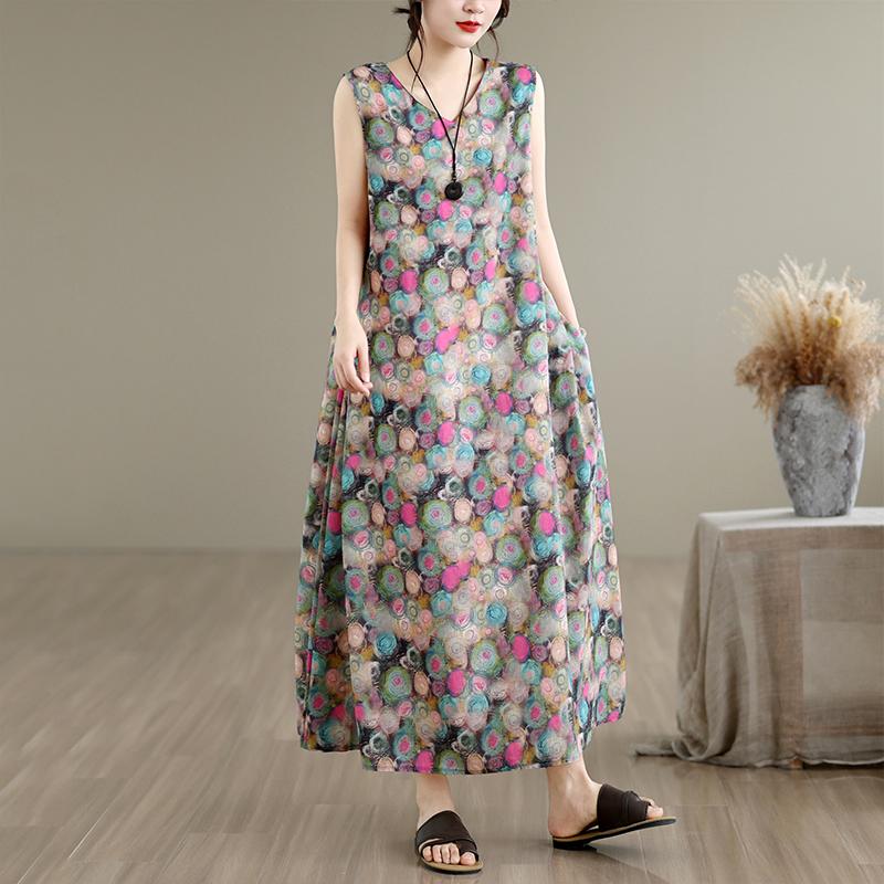DIMANAF New 2026 Women Plus Size Summer Lady Long Dress Vest Sleeveless Pockets Loose Oversize Maxi Floral Print Sundress Beach Clothing