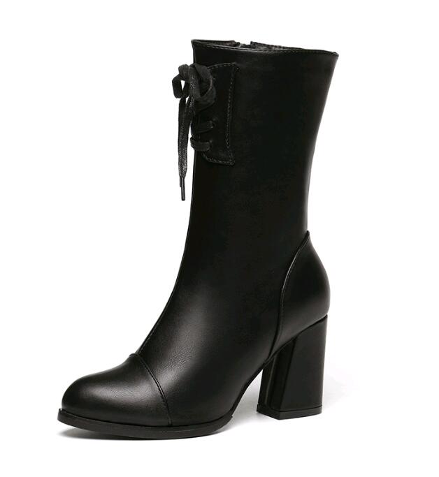 Brand Design Female Boots Leather Cross-tied Lace Up Women Boots Wool Knitting Female Motorcycle Boots Hjm9