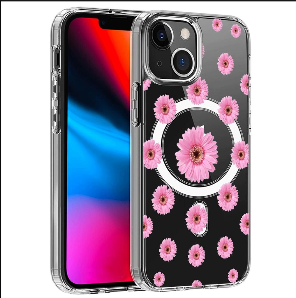 Pink Daisy Magnetic Transparent Case for iPhone 15/16/17 Pro Max