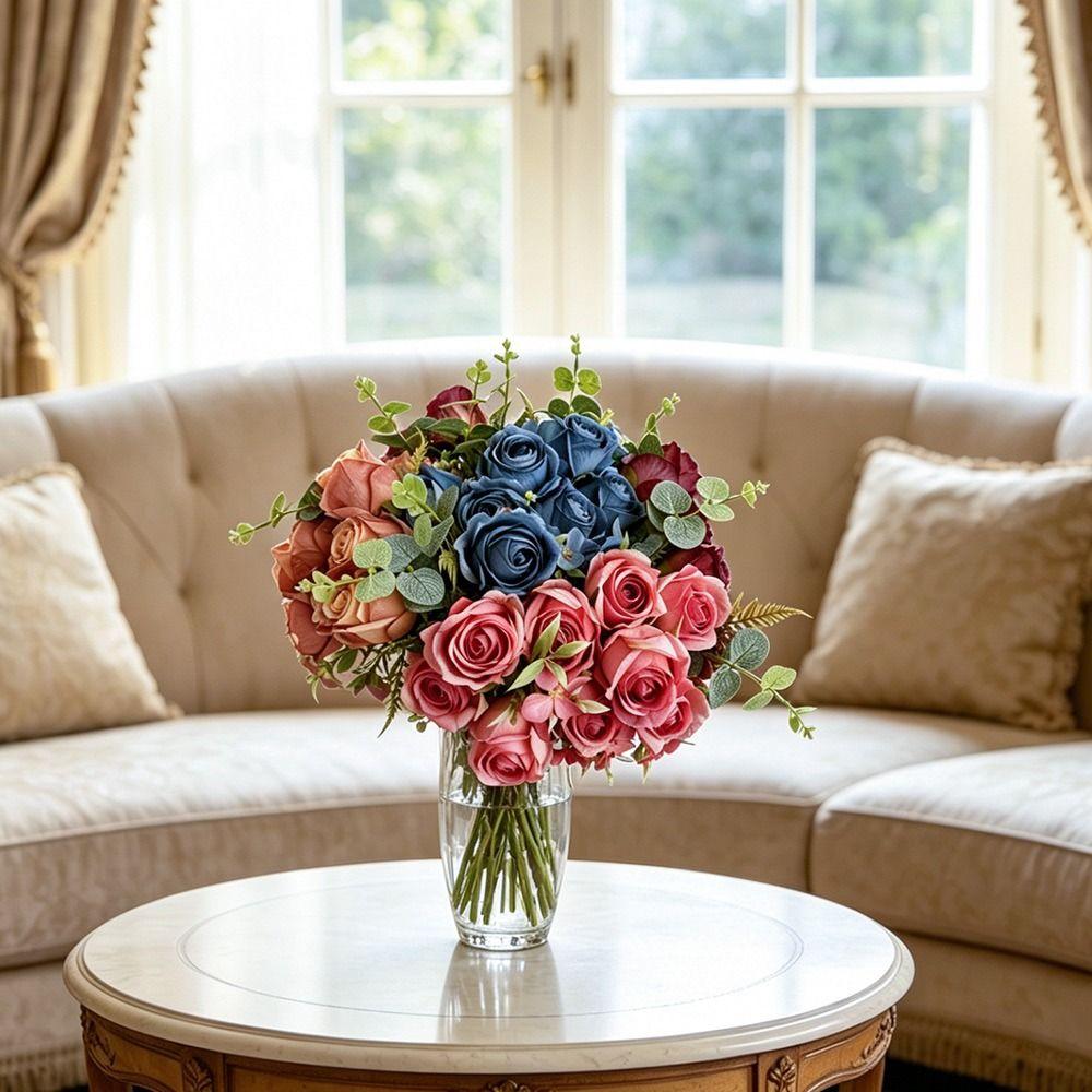 9 Heads Simulation Flower Bouquet Multicolor Faux Flower Creative Bridal Bouquet Desktop Ornament