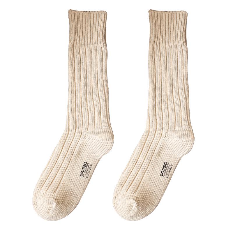 Japanese Style Thick Knit Cotton Socks - Ecru, Breathable, Mid-Calf, Unisex