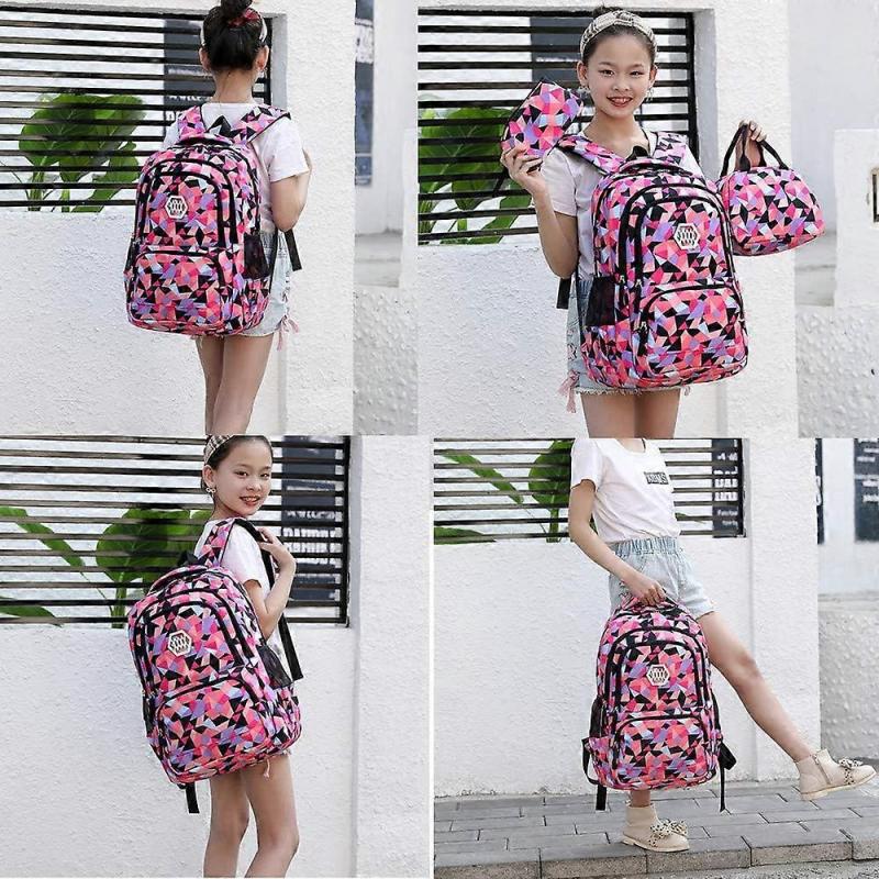 3Pcs Geometric Prints Primary School Student Satchel Backpack Elementary Boys Book Bag School Rucksack for Kids with Lunch Bag Pencil Case Size Large