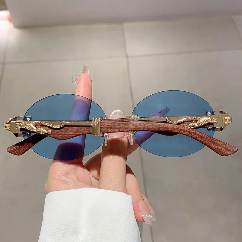 New Luxury Designer Vintage Rimless Oval Sunglasses Women Men Trendy Punk Metal Leopard Eyeglasses