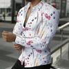 Men Collared Shirt Light Blue White Apricot Floral Leaf Print Long Sleeve Button Down Top