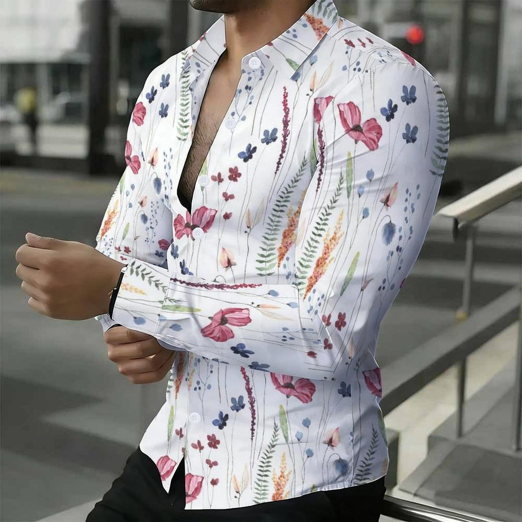 Men Collared Shirt Light Blue White Apricot Floral Leaf Print Long Sleeve Button Down Top
