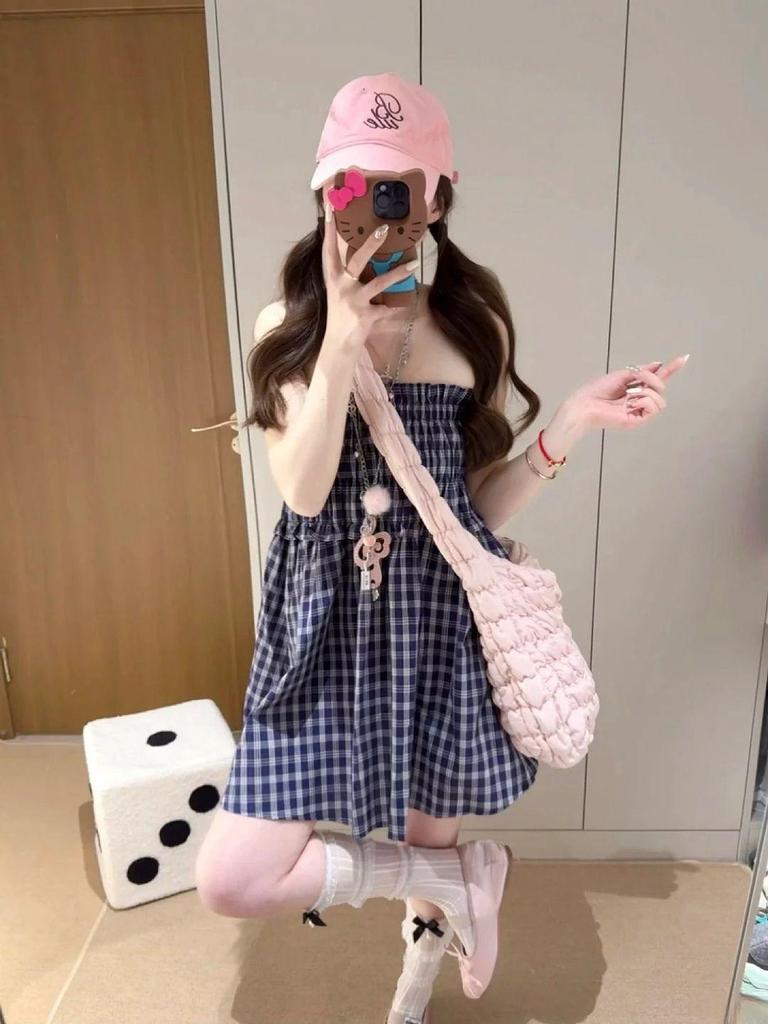 Blue Plaid Women's High Waist A-Line Midi Skirt - Petite, Versatile, and Loose-Fitting.