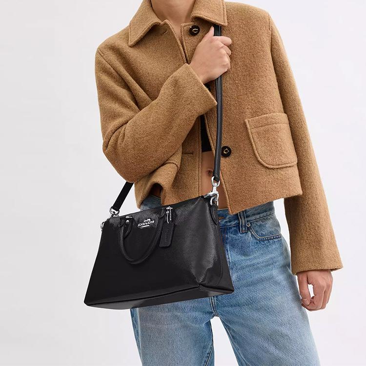 Coach Georgia 35 Gold Logo Zipper Closure Patent Leather Shoulder Crossbody Tote Bag Large Women handbags Black CV942-SVBK