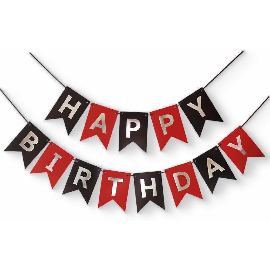 Red Silver Black Happy Birthday Banner Sign Decorations for Boys Girls Men Women Anniversary Birthday Party Garland Backdrop Supplies Nursery Hanging