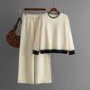 Europe America 2024 Autumn Winter New Contrasting Color Round Neck Knitted Sweater Wide Leg Pants 2 Piece Sets Womens Outfits