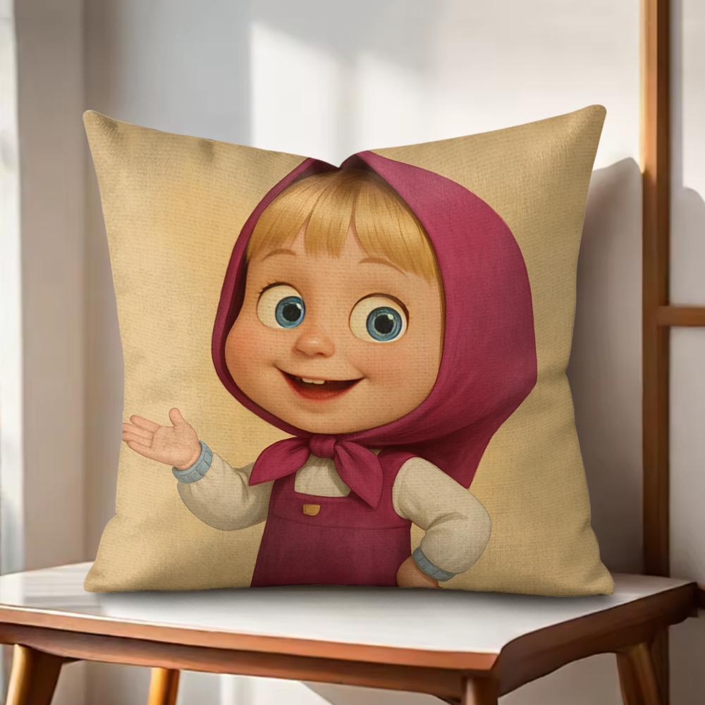Cute Masha and the Bear Cushion Cover Natural Linen Organic Fabric DoubleSided Printing Couch Pillow Covers Home Decor