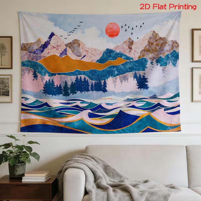 2D Boho Abstract Mountain Tapestry with Ocean Waves, Forest Trees and Red Sun 47.2x31.5inch/120*80cm