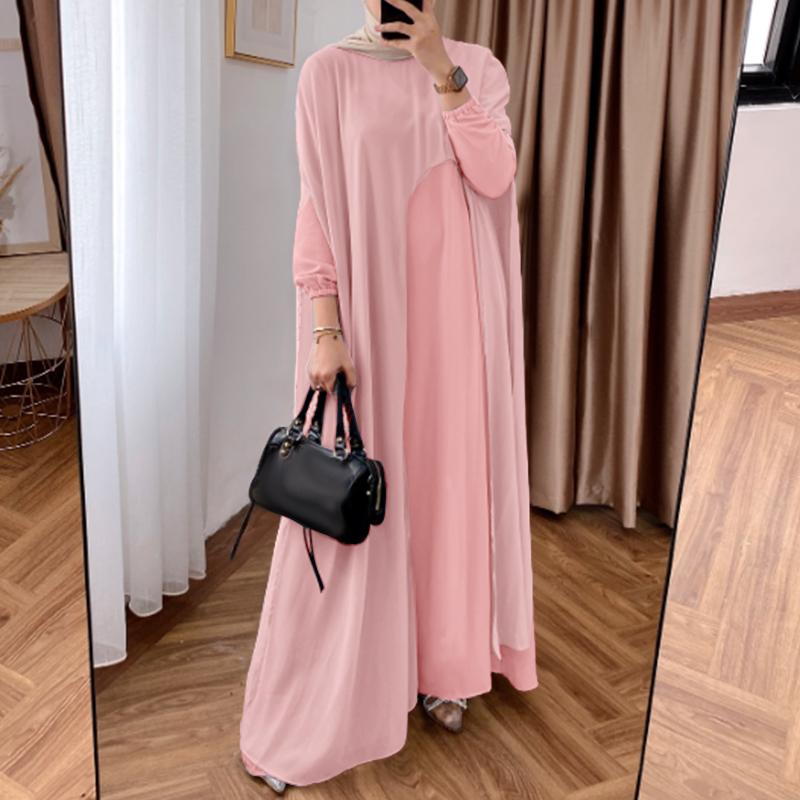 ZANZEA Kvinner Casual Falsk Todelt Chiffon Patchwork Langermet Lang Kjole