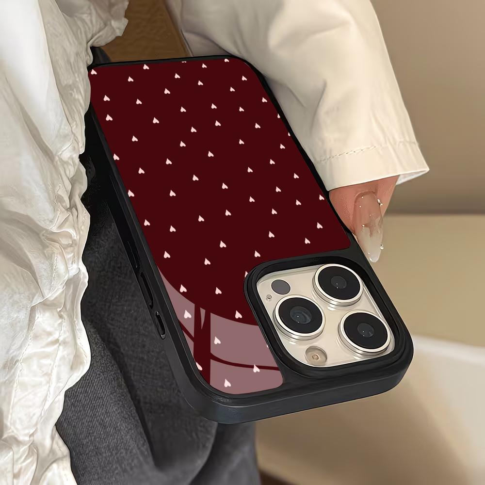 Wine Red Little Love Glass Phone Case Suitable for iPhone 17 16 15 14 13 12 11 Pro/Max/Plus Anti Drop and Anti Shock Back Cover