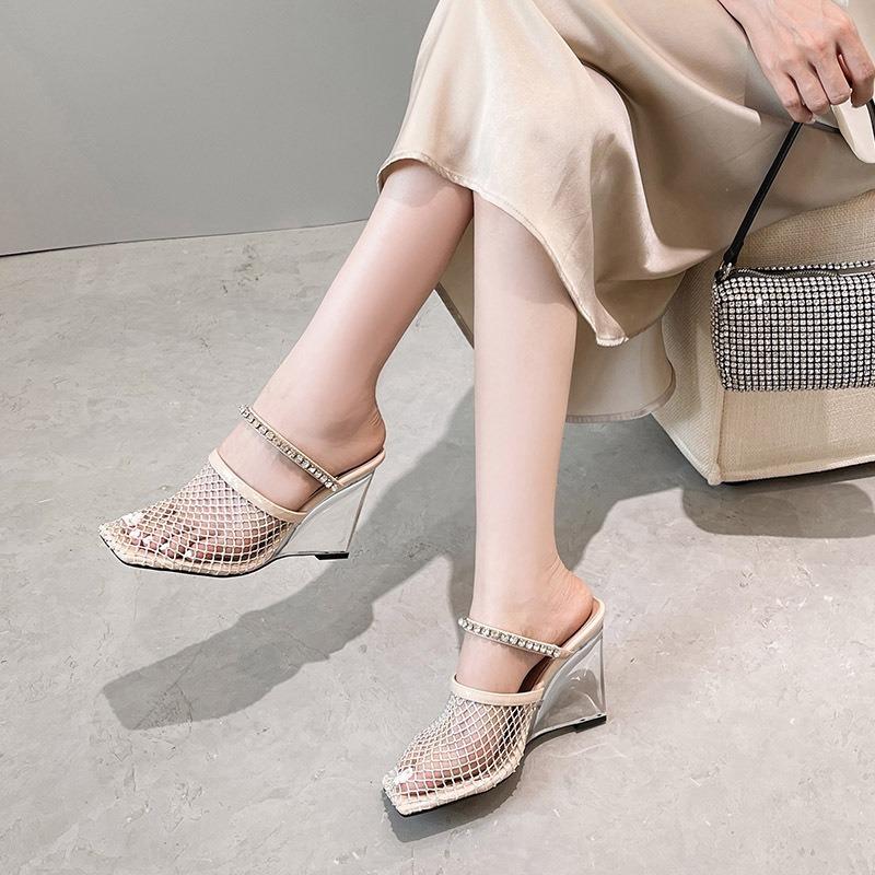 Wedge heel half drag women's shoes autumn new mesh rhinestone crystal wear square head high heel cool slippers
