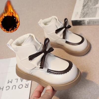 Mädchen Kleine Lederschuhe Herbst und Winter Neue Kollektion Kinder Weiche Sohle Weiß Warme Lederstiefel Baby Baumwollschuhe